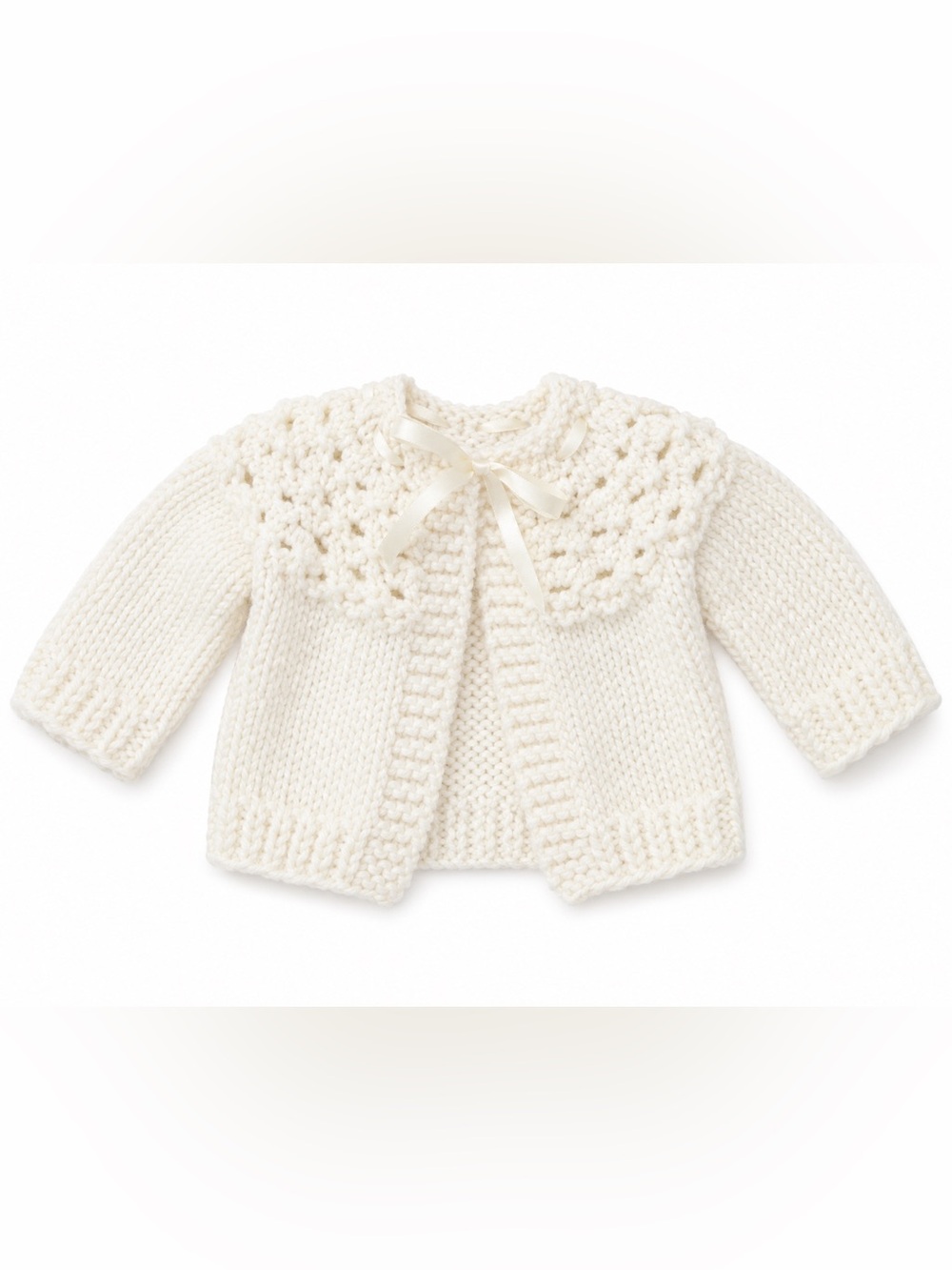 Cream Knit Baby Cardigan with Bow Closure